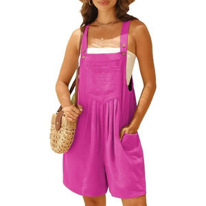 Womens Pink Rompers Summer Wide Leg Short Overalls Adjustable Strap Bib Jumpsuit